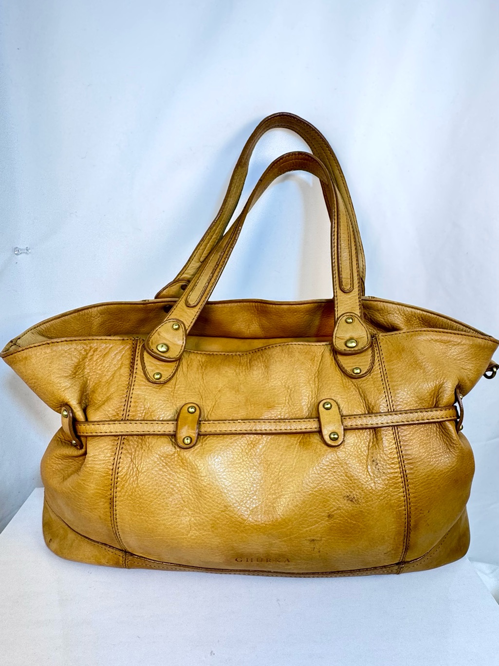 Authentic Ghurka Vintage Chestnut Leather Belted Satchel Tote Bag
